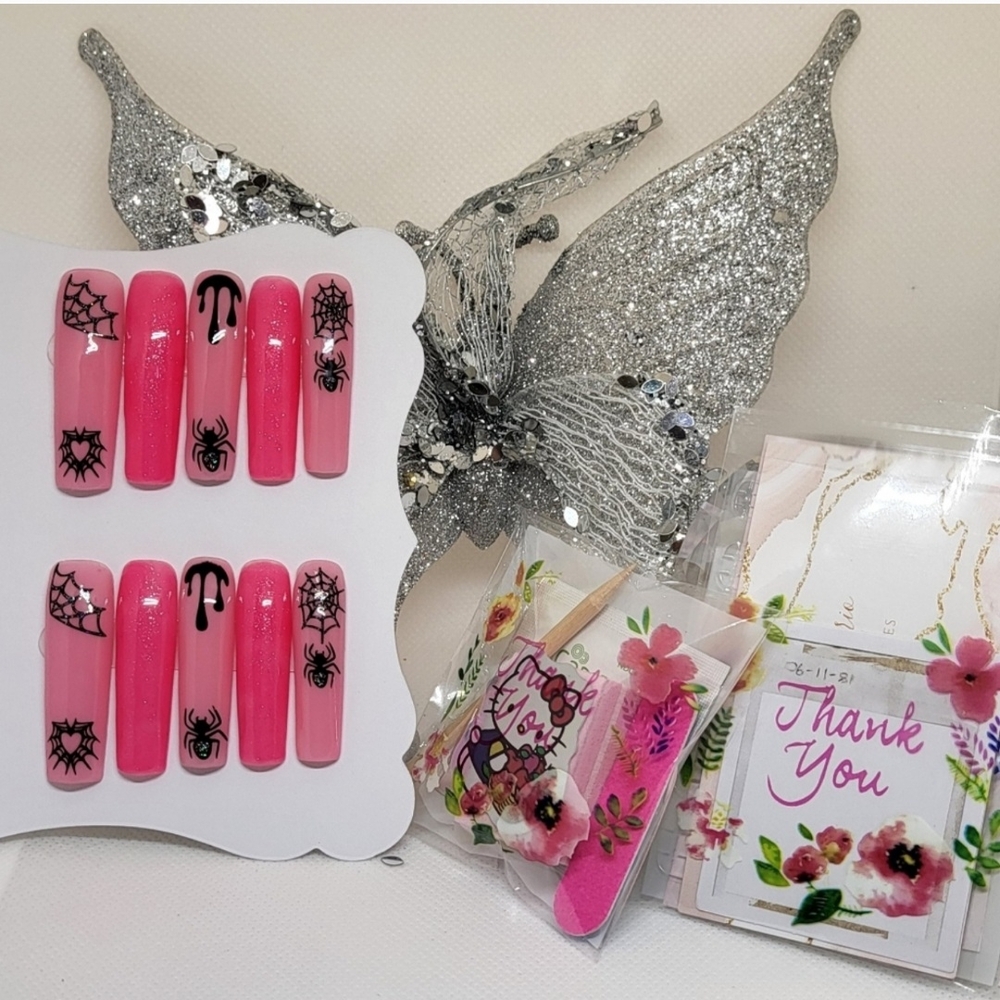 💋Press On Nails - Pink Spider Web and Black Spiders